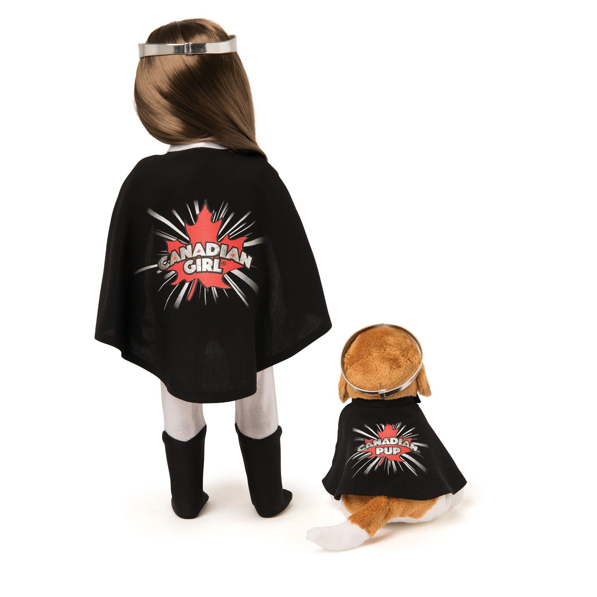 Back view of Canadian Girl Superhero costume and her Superhero Pup.