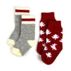 Dolls socks in grey with red stripe, and with mapleleaves.  Matching socks for kids also available.