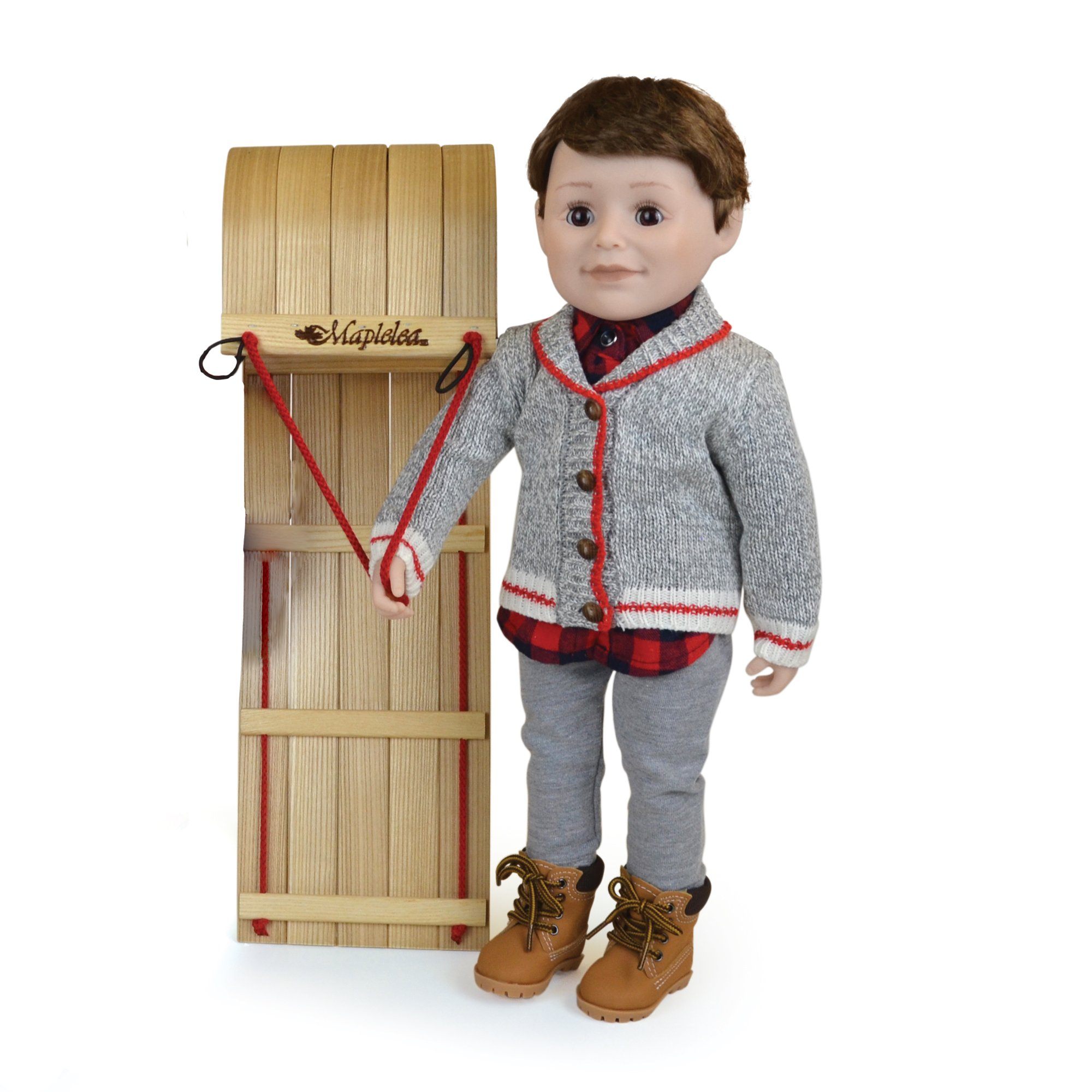 Beautiful Canadian style cardigan sweater in grey and red for 18 inch dolls