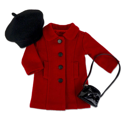 Fully lined dressy coat black beret style hat and shiny black purse with bow detail for 18" dolls