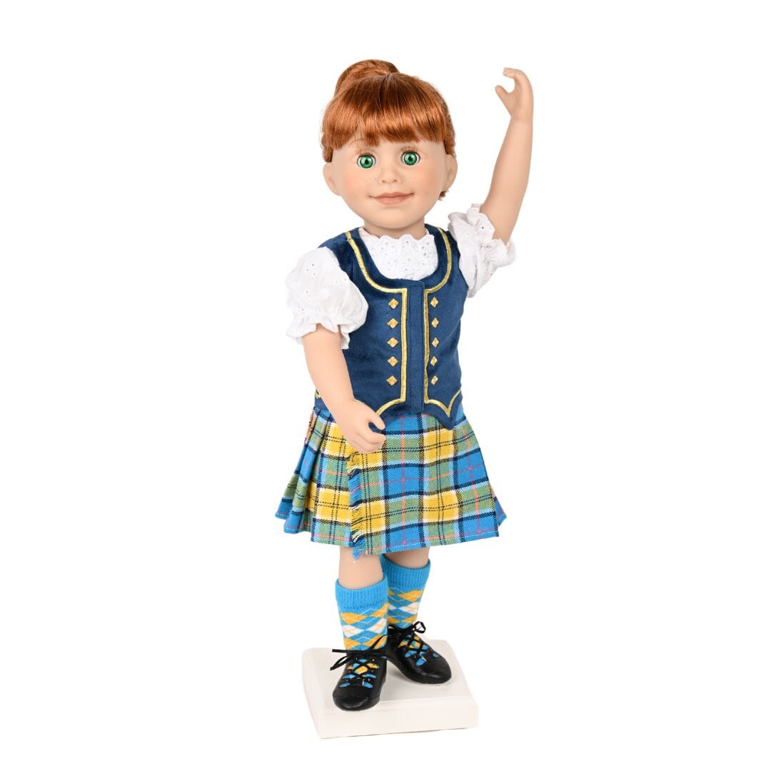 doll wearing highland dance outfit on a display stand. Nova Scotia doll from Maplelea