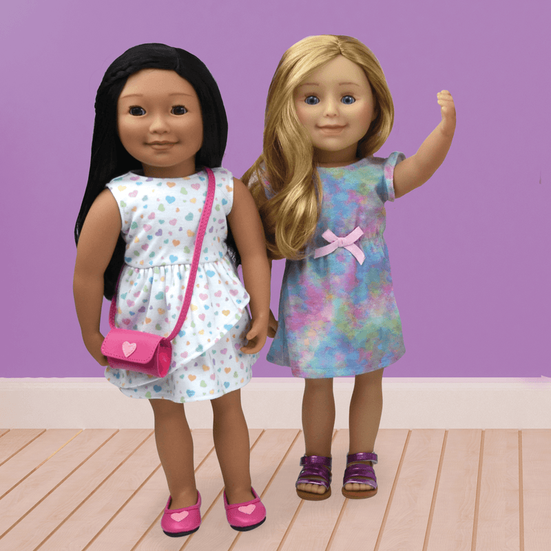 Double Dress Set patterned casual dresses with tiny heart pattern, ruffle detail and one watercolour-inspired colourful pattern fits all 18 inch dolls