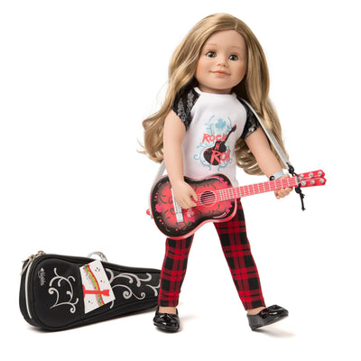 Maplelea wooden guitar with 18 inch doll.  Includes carrying case and music book.
