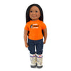 18" Inuit doll wearing orange every child matters graphic t-shirt for 18 inch dolls