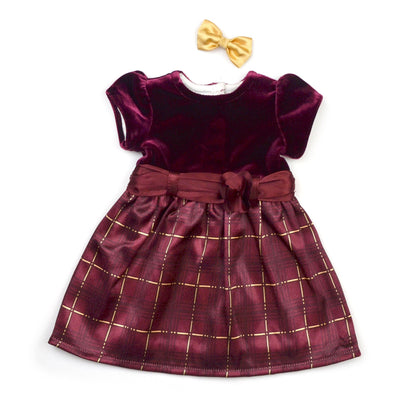 Burgundy and gold holiday party dress with velvet bodice plaid skirt and ribbon flower waist detail and hair bow