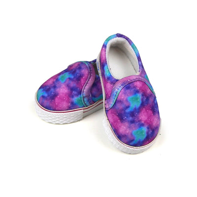 Galaxy print purple aqua pink slip-on shoes for 18 inch dolls