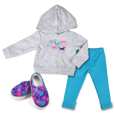 Happy Horse Hoodie set includes grey pony print hoodie slip-on shoes aqua leggings for 18 inch dolls