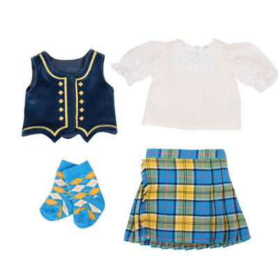 velvet vest, plaid kilt, lace blouse and argyle socks for highland dancing fits all 18 inch dolls
