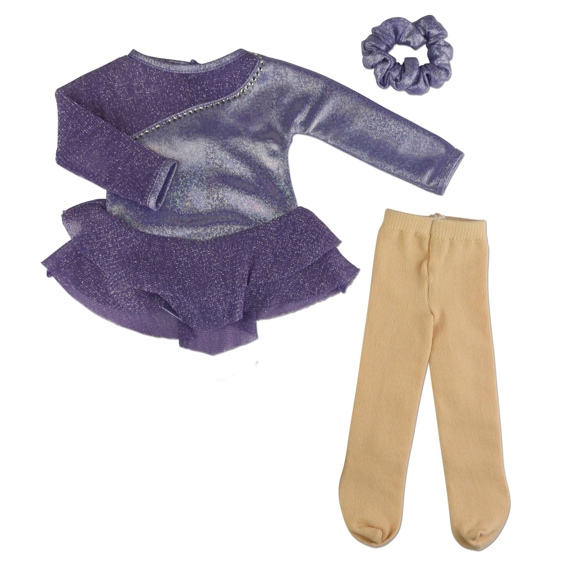 Figure skating dress for 18 inch dolls, skating tights and scrunchie.