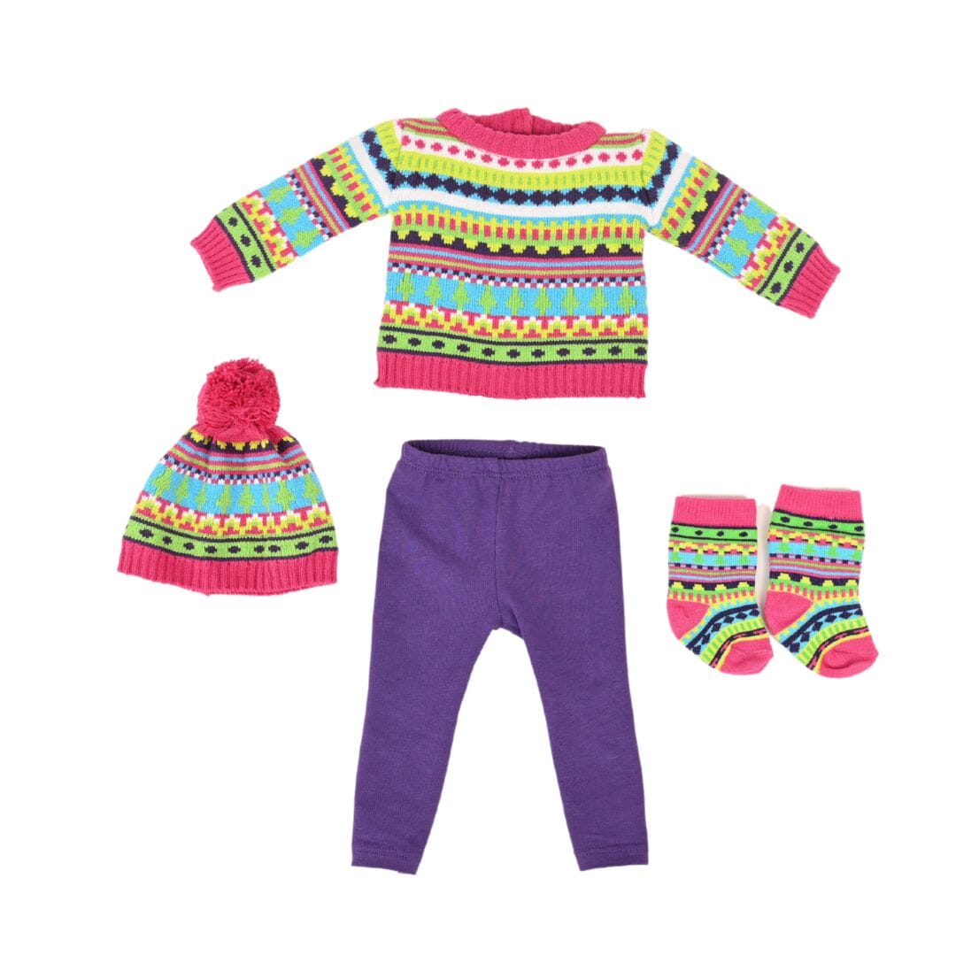 Canadian girl doll wearing a colourful ski sweater with matching tuque and socks