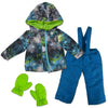 Teal and bright green winter snow suit for 18 inch dolls with techno print jacket snowpants suede boots and mittens