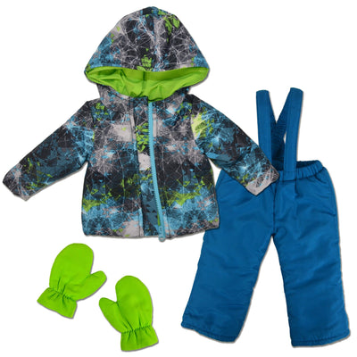 Teal and bright green winter snow suit for 18 inch dolls with techno print jacket snowpants suede boots and mittens
