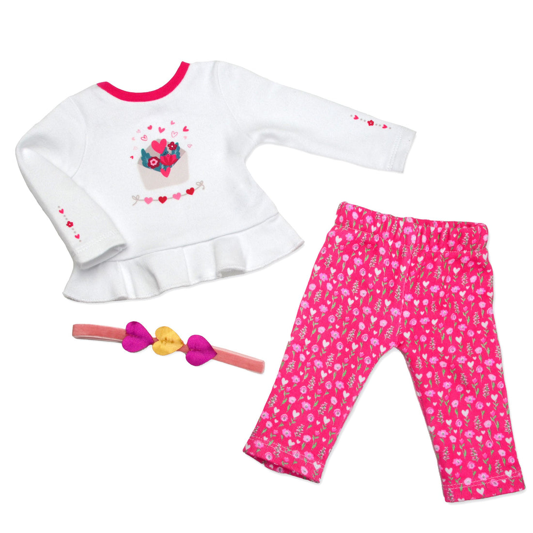 18" Maplelea doll wearing cute peblum top with pink leggings heart hairband and lace sandals