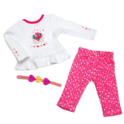 Doll outfit consisting of a white peplum top, pink print capris and hairband with hearts.  Designed for Maplea but suitable for all 18 inch dolls.