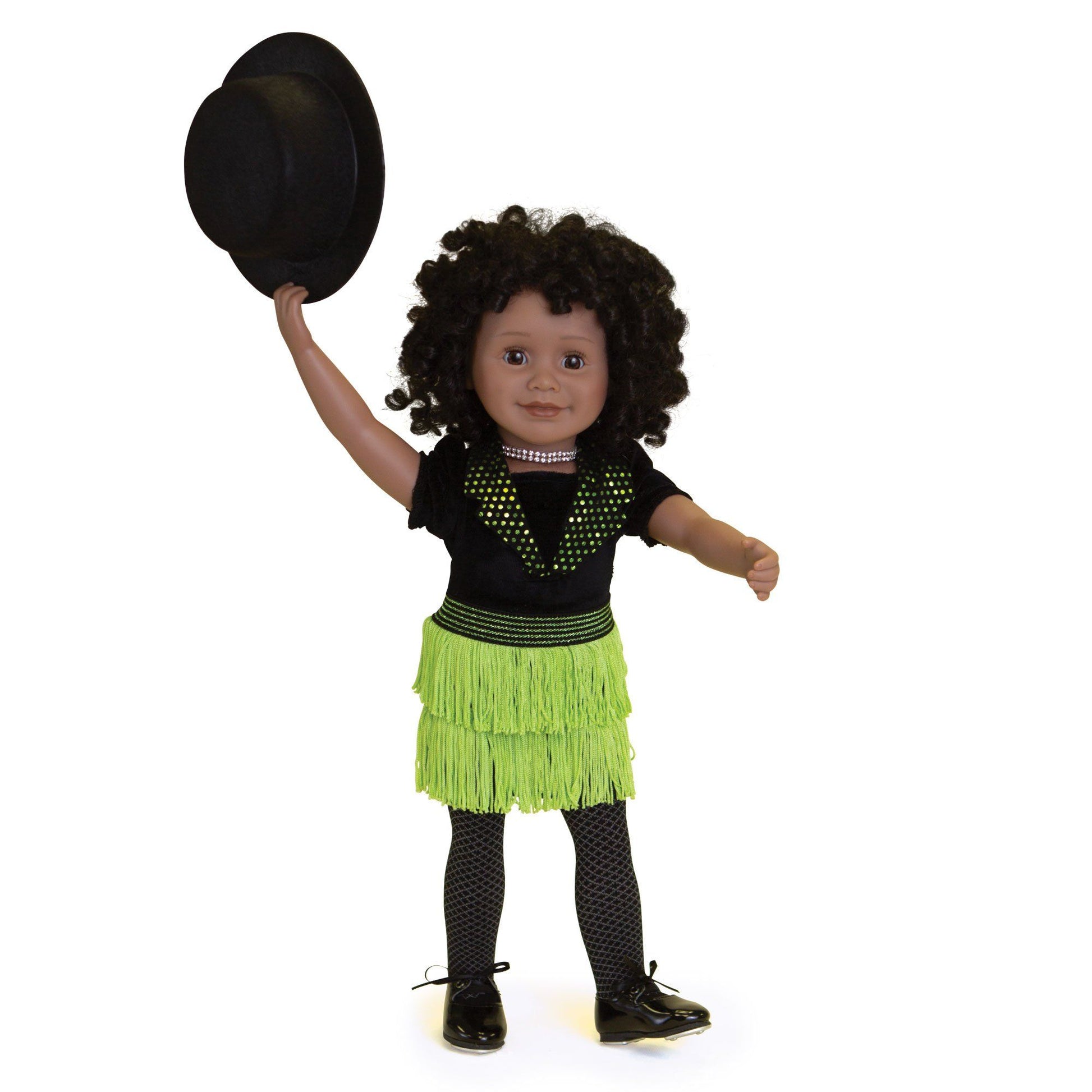 Happy Tap black bodysuit, green fringed skirt, black tights, black top hat, sparkly choker and real tap shoes fits all 18 inch dolls.