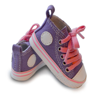 purple and pink hightop runners with pink laces and white rubber soles for 18 inch dolls like Maplea and American doll alternatives
