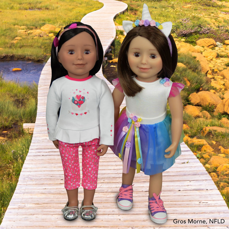 purple and pink hightop runners with pink laces and white rubber soles for 18 inch dolls like Maplea and American doll alternatives