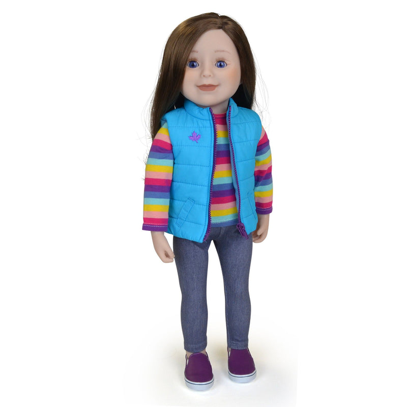 18 inch doll with long brown hair blue eyes and fair skin wearing striped shirt jeggings and slip-on shoes