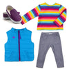 Maplelea and Me outfit of striped tshirt, vest, leggings and slip on shoes for 18 inch dolls