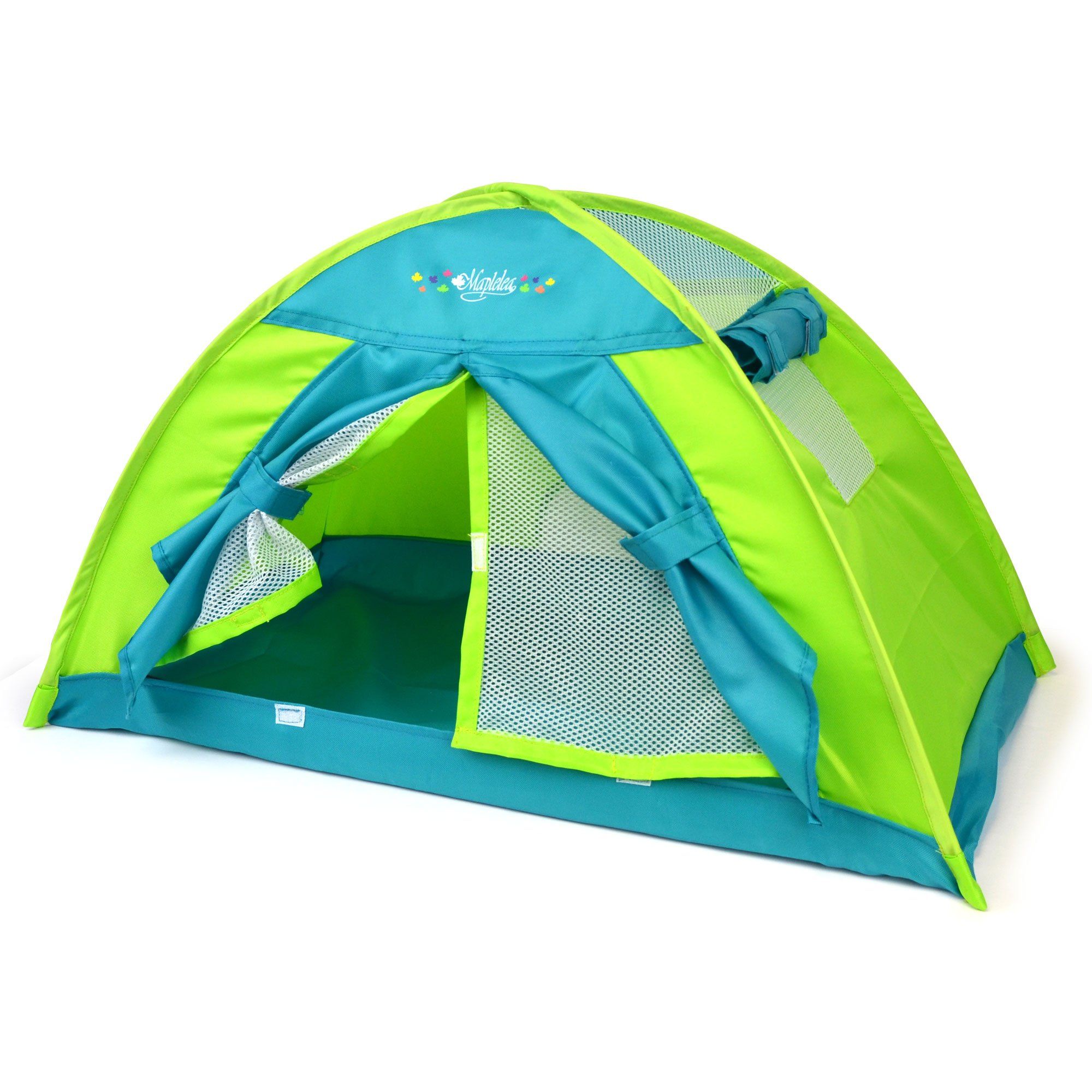 Colorful pop-up tent for 18 inch dolls accommodates all Maplelea Canadian Girl dolls' bedding or sleeping bags.