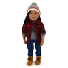 Red black plaid jacket blue jeans graphic tee and stripe toque for 18" dolls. Canada on tuque.