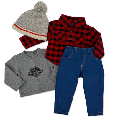 Buffalo plaid jacket blue jeans grey t-shirt with adventure graphic and knit hat for 18" dolls
