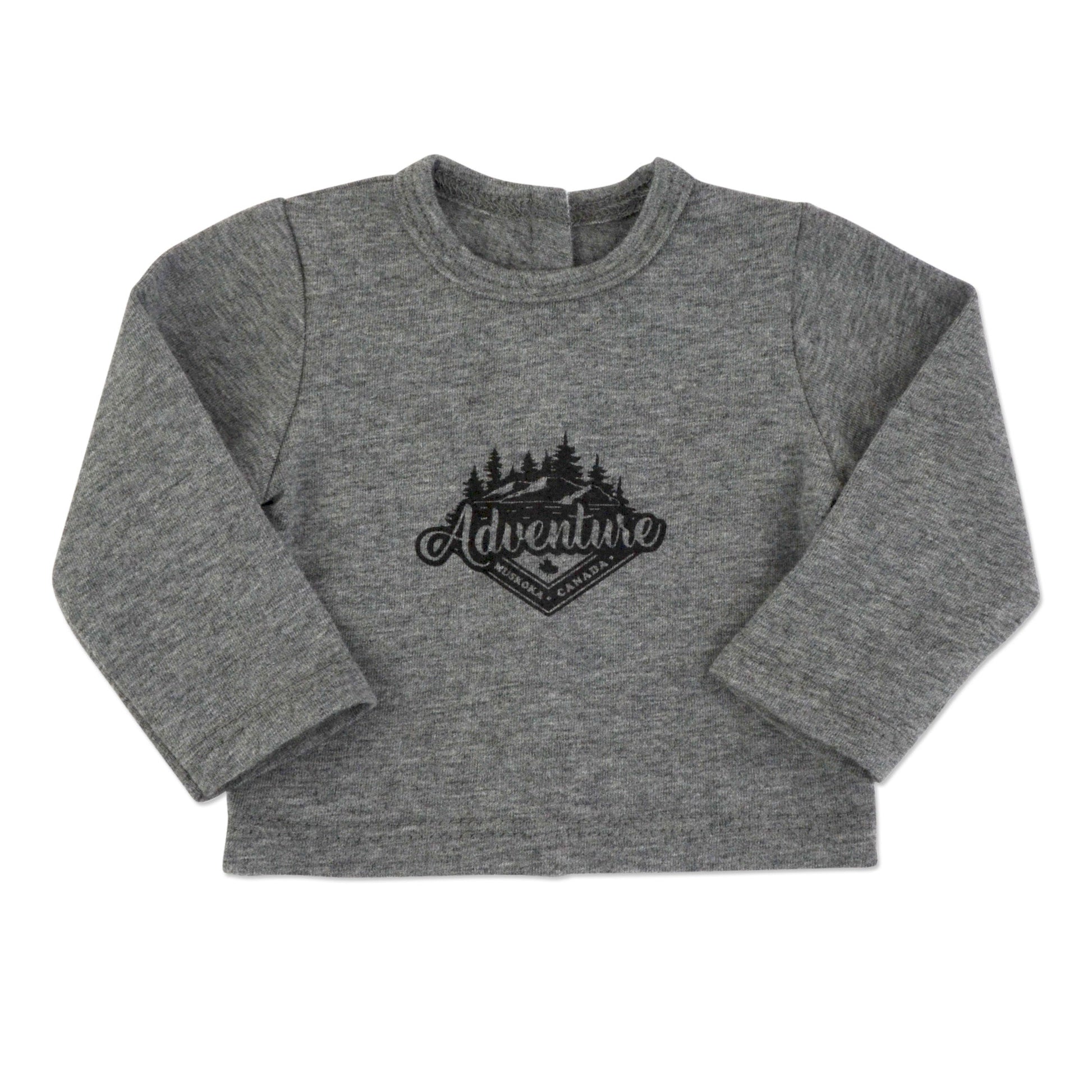 Grey heather long sleeve tee with adventure graphic logo for 18 inch boy doll and girl doll. 