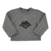 Grey heather long sleeve tee with adventure graphic logo for 18 inch boy doll and girl doll.
