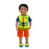 a boy doll wearing a pfd lifejacket, shorts and water shoes.