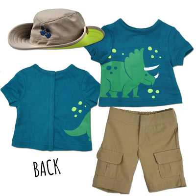 Paleontology outfit for 18 inch dolls with dinosaur graphic  safari hat and khaki shorts