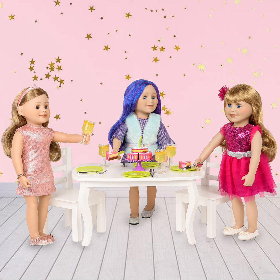 maplelea party play set showing cups, plates, forks, cake stand, server, and 6 piece sliced cake all for 18-inch dolls on a white background.