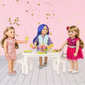 maplelea 18-inch dolls celebrating a party wearing party dresses holding lemonade and cutting cake.