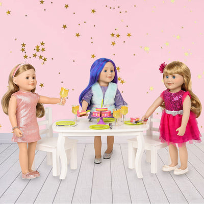 Maplelea 18-inch dolls celebrating a party wearing party dresses