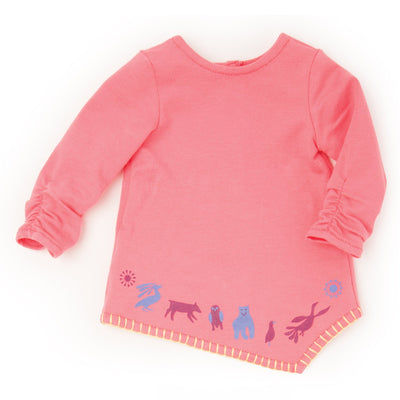 Artfully Inspired pink tunic long sleeve shirt with Inuit art hem fits all 18 inch dolls.