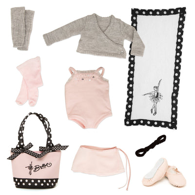 Pirouettes and Plies 10-piece ballet set. Grey sweater, pink skirt, pink beaded bodysuit, grey leg warmers, pink tights, pink ballet shoes, black and white towel, bun maker and pink bag fits all 18 inch dolls.