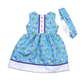 Blue sleeveless dress and hairband with crocus pattern tiny heart buttons for 18 inch dolls 