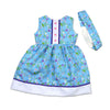 Blue sleeveless dress and hairband with crocus pattern tiny heart buttons for 18 inch dolls