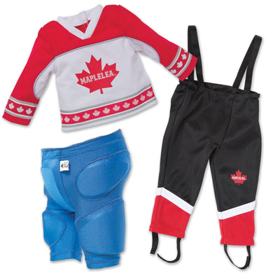 Ringette set red and white jersey, black and red pants, blue protective girdle, shoulder pads, elbow pads, shin pads, neck guard, stick, ring, bag, hockey skates and white ringette helmet fits all 18 inch dolls.