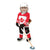Ringette set red and white jersey, black and red pants, blue protective girdle, shoulder pads, elbow pads, shin pads, neck guard, stick, ring, bag, hockey skates and white ringette helmet fits all 18 inch dolls. 