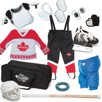 Ringette set red and white jersey, black and red pants, blue protective girdle, shoulder pads, elbow pads, shin pads, neck guard, stick, ring, bag, hockey skates and white ringette helmet fits all 18 inch dolls.