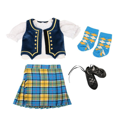 complete highland dance outfit for 18-inch dolls includes kilt, vest, socks blouse and ghillies