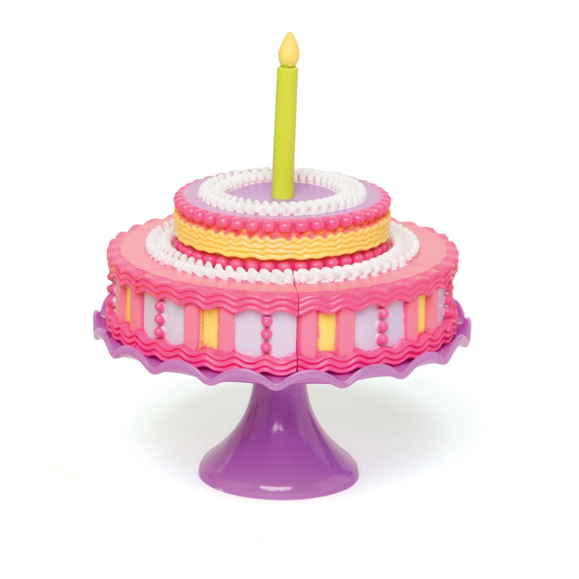 Set to Celebrate plastic cake with cake topper and candle, shown with all slices together, for all 18-inch dolls. 