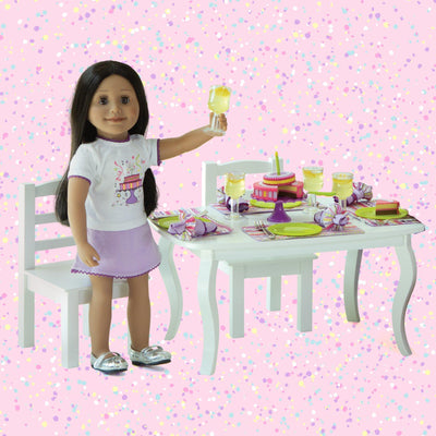 wooden table and chairs set for 18-inch dolls set with party set for a celebration