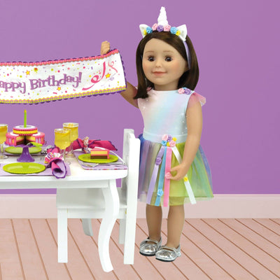 Magical Unicorn rainbow Outfit for 18 inch dolls includes sparkly white bodysuit colourful layered tulle skirt  with flowers and ribbons and a unicorn horn headband with ears
