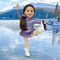 18 inch doll in figure skating dress and skates skating on a frozen lake