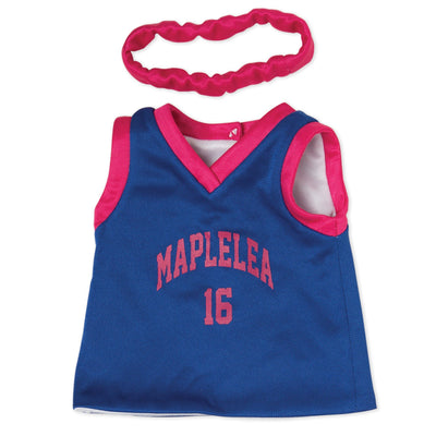 slam dunk reversible white and blue basketball jersey and headband fits all 18 inch dolls.