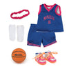 slam dunk reversible white and blue basketball jersey, blue shorts, white socks, fuchsia headband, basketball, silver and orange running shoes fits all 18 inch dolls.