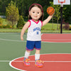 slam dunk reversible white and blue basketball jersey, blue shorts, white socks, fuchsia headband, basketball, silver and orange running shoes fits all 18 inch dolls.