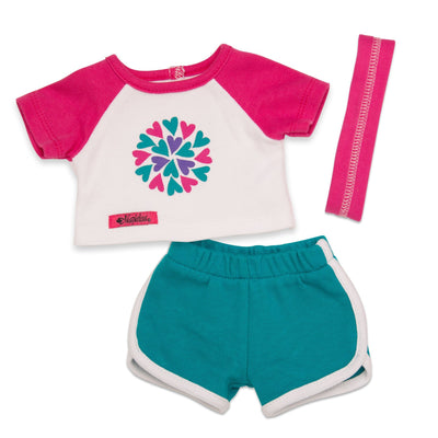 Pyjamas for 18" dolls. T-shirt with pink sleeves and pretty heart graphic, teal shorts and headband.