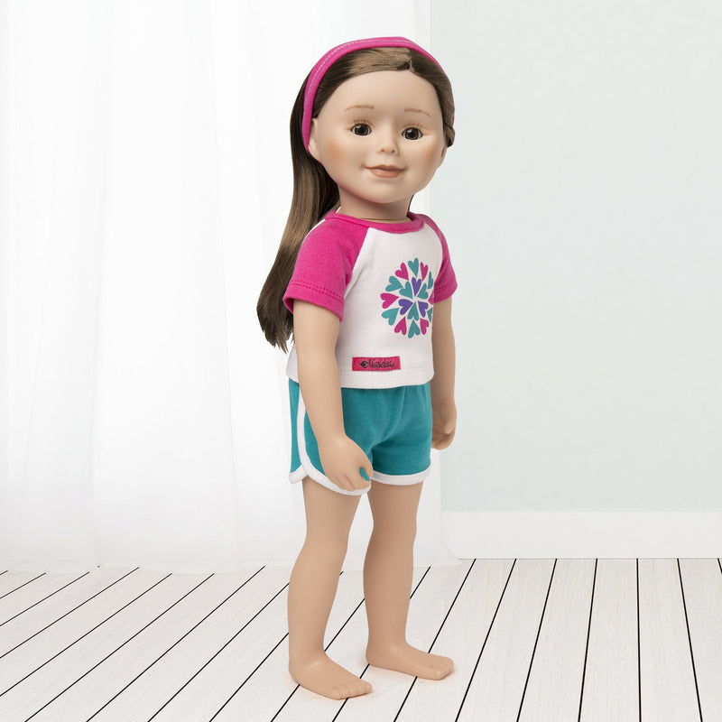 Two piece PJ's, white t-shirt with pink sleeves and heart graphic, teal shorts and headband.